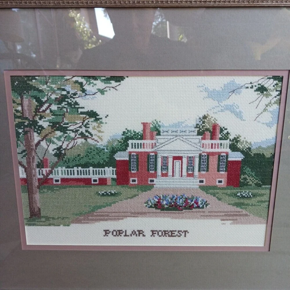 Vintage Cross Stitch Framed Poplar Forest Thomas Jefferson Plantation 20x16